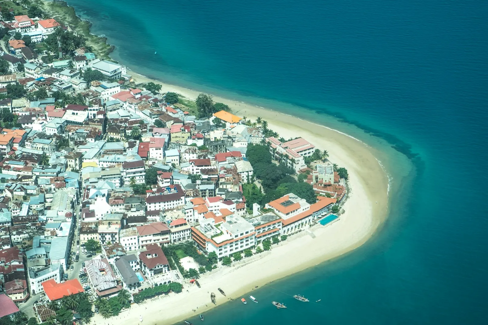 Aerial view of Stone Town beside the sea in Zanzibar
